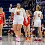 Audi Crooks #55 of the Iowa State Cyclones reacts during the first half in the first round of the 2026 NCAA Women's Basketball Tournament against the Syracuse Orange at Harry A. Gampel Pavilion on March 21, 2026 in Storrs, Connecticut.