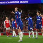 Lucy Bronze of Chelsea reacts during the UEFA Women's Champions League 2025/26 Quarter-finals First Leg match between Arsenal and Chelsea at Arsenal Stadium on March 24, 2026 in London, England.