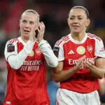 Manchester City prospects Beth Mead and Katie McCabe of Arsenal thank the supporters after the Barclays FA Women's Super League match between Arsenal and Tottenham Hotspur at the Emirates Stadium in London, United Kingdom, on March 28, 2026.
