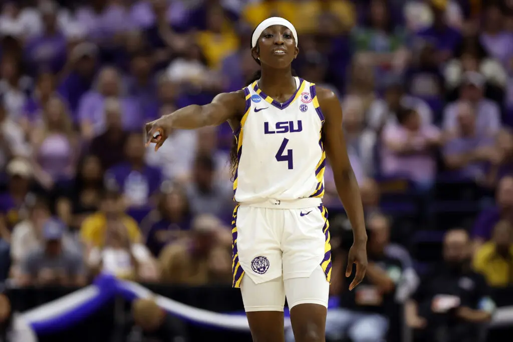 Flau'jae Johnson #4 of the LSU Tigers reacts during the first half in the second round of the 2026 NCAA Women's Basketball Tournament at Pete Maravich Assembly Center on March 22, 2026 in Baton Rouge, Louisiana.