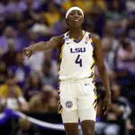 Flau'jae Johnson #4 of the LSU Tigers reacts during the first half in the second round of the 2026 NCAA Women's Basketball Tournament at Pete Maravich Assembly Center on March 22, 2026 in Baton Rouge, Louisiana.