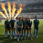 The Denver Summit FC starting lineup prepares to tale on the Washington Spirit during the first half on Saturday, March 28, 2026, at Empower Field at Mile High in Denver, Colo.