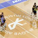 2026 LOVB Championship Series teams huddle after a point during the second set in a match between LOVB Salt Lake and LOVB Austin at H-E-B Center at Cedar Park on April 2, 2026 in Cedar Park, Texas.