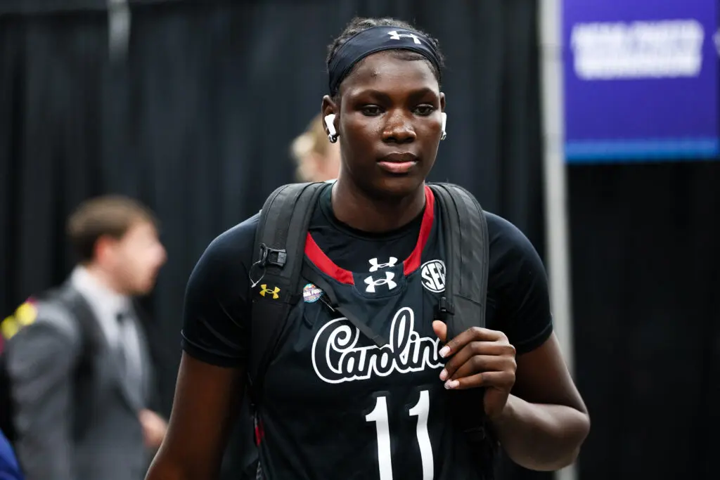 Madina Okot #11 of the South Carolina Gamecocks arrives prior to a NCAA Women's Final Four semifinal game against the UConn Huskies at Mortgage Matchup Center on April 3, 2026 in Phoenix, Arizona.