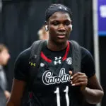 Madina Okot #11 of the South Carolina Gamecocks arrives prior to a NCAA Women's Final Four semifinal game against the UConn Huskies at Mortgage Matchup Center on April 3, 2026 in Phoenix, Arizona.