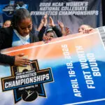 Jordan Chiles of the UCLA Bruins holds a team ticket to the NCAA National Championship at Gill Coliseum on April 5, 2026 in Corvallis, Oregon.