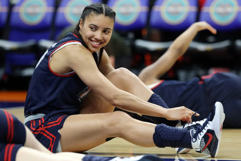 Azzi Fudd #35 of the Connecticut Huskies looks on during an open practice ahead of the 2026 NCAA Women's Basketball Tournament Final Four at Mortgage Matchup Center on April 02, 2026 in Phoenix, Arizona.