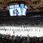 The New York Sirens and the Seattle Torrent shake hands following their PWHL game at Madison Square Garden on April 04, 2026 in New York City. The Sirens defeated the Torrent 2-1 in the shootout.