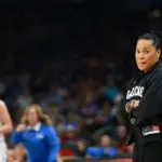 Head coach Dawn Staley of the South Carolina Gamecocks looks on during the second quarter against the UCLA Bruins in the National Championship of the NCAA Women's Basketball Tournament at Mortgage Matchup Center on April 05, 2026 in Phoenix, Arizona.