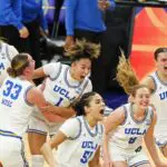Women's March Madness stars Kiki Rice #1, Lauren Betts #51, Gianna Kneepkens #8, Sienna Betts #16, Amanda Muse #33, and Gabriela Jaquez #11 of the UCLA Bruins celebrate after the victory against the South Carolina Gamecocks in the National Championship of the NCAA Women's Basketball Tournament at Mortgage Matchup Center on April 05, 2026 in Phoenix, Arizona.