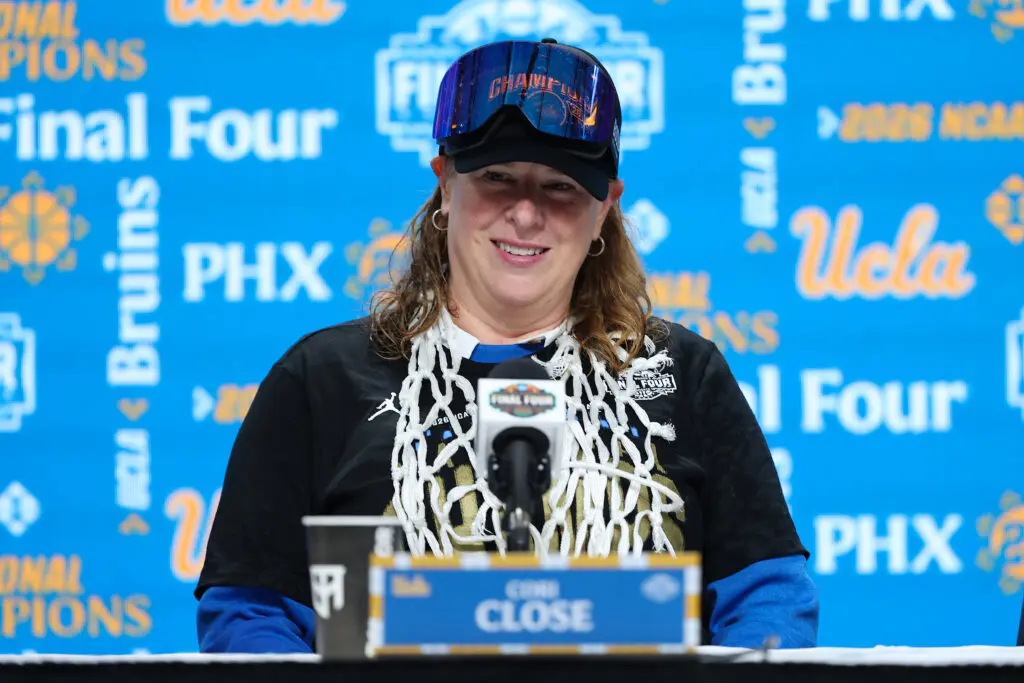 Cori Close of the UCLA Bruins speaks at the press conference after defeating the South Carolina Gamecocks in the National Championship of the NCAA Women's Basketball Tournament at Mortgage Matchup Center on April 05, 2026 in Phoenix, Arizona.