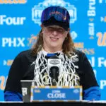 Cori Close of the UCLA Bruins speaks at the press conference after defeating the South Carolina Gamecocks in the National Championship of the NCAA Women's Basketball Tournament at Mortgage Matchup Center on April 05, 2026 in Phoenix, Arizona.