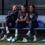 Trinity Rodman, Sophia Wilson and Naomi Girma of the United States pose for a photo before training at Stevens Stadium on April 8, 2026 in Santa Clara, California.