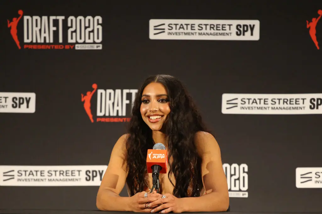 Azzi Fudd talks to media during the 2026 WNBA draft on April 13, 2026 at The Shed in New York, New York.