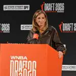 WNBA Commissioner Cathy Engelbert speaks at her press conference before the 2026 WNBA Draft on April 13, 2026 at The Shed in New York City, New York.