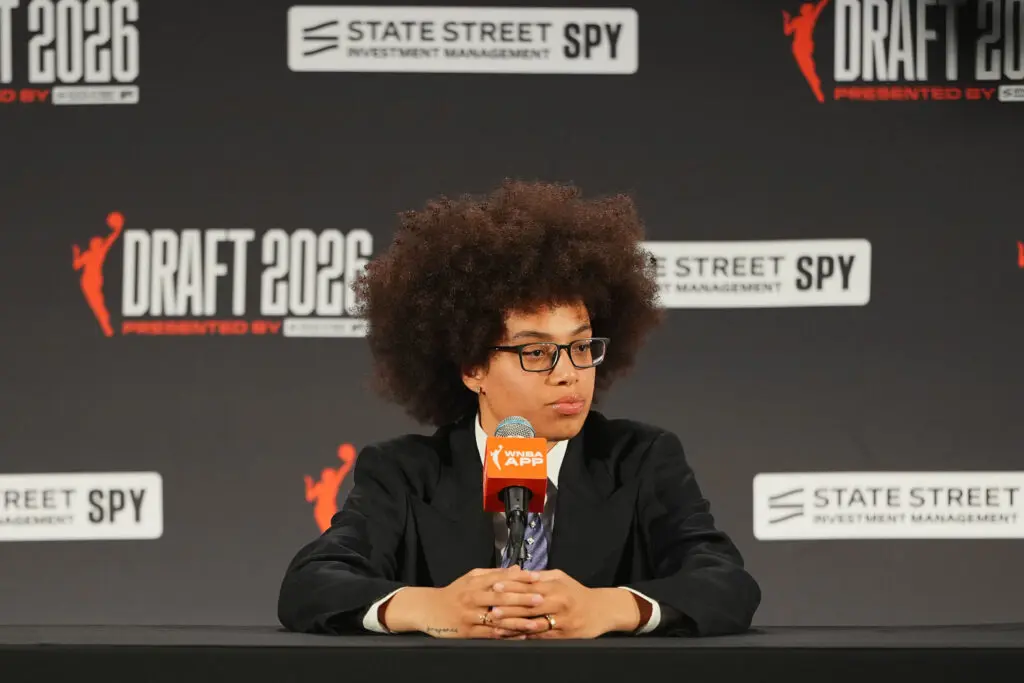 TCU guard and No. 2 overall pick Olivia Miles talks to media during the 2026 WNBA draft on April 13, 2026 at The Shed in New York, New York.