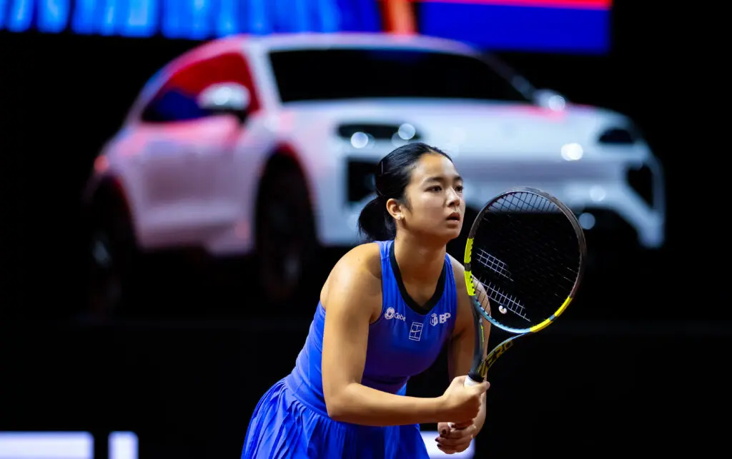 Alexandra Eala of the Philippines in action against Leylah Fernandez of Canada in the first round on Day Two of the Porsche Tennis Grand Prix at Porsche Arena on April 14, 2026 in Stuttgart, Germany.