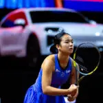Alexandra Eala of the Philippines in action against Leylah Fernandez of Canada in the first round on Day Two of the Porsche Tennis Grand Prix at Porsche Arena on April 14, 2026 in Stuttgart, Germany.
