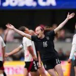 Rose Lavelle #16 of United States celebrates after scoring the team's first goal during the international friendly match between United States and Japan at PayPal Park on April 11, 2026 in San Jose, California.