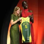 Awa Fam Thiam (R) of Spain poses with WNBA Commissioner Cathy Engelbert (L) after being selected with the 3rd pick in the first round by the Seattle Storm during the 2026 WNBA Draft at The Shed on April 13, 2026 in New York City.