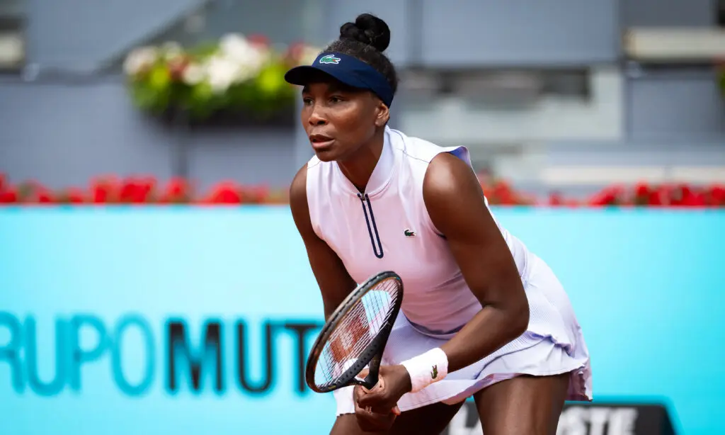 Madrid Open 2026 contender Venus Williams of the United States in action against Kaitlin Quevedo of Spain in the first round on Day Two of the Mutua Madrid Open at La Caja Magica on April 21, 2026 in Madrid, Spain.