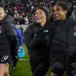Trinity Rodman #2 and Naomi Girma #4 of United States celebrate following the team's victory in the international friendly match between United States and Japan at Dick's Sporting Goods Park on April 17, 2026 in Commerce City, Colorado.