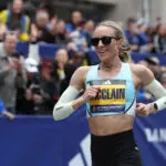 Boston Marathon 2026 results leader Jess McClain of the United States crosses the finish line as the first American woman during the 130th Boston Marathon on April 20, 2026 in Boston, Massachusetts.