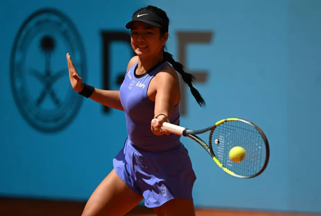 Alexandra Eala of Philippines plays a forehand against Anastasia Pavlyuchenkova during the Women's Round of 128 match at La Caja Magica on April 22, 2026 in Madrid, Spain.