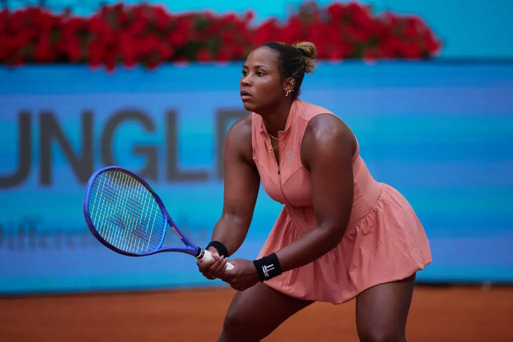 Taylor Townsend of The United States looks on against Katie Boulter of Great Britain in the Women's Singles First Round Match during day three of the Mutua Madrid Open at La Caja Magica on April 22, 2026 in Madrid, Spain.