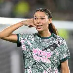 Trinity Rodman #2 of Washington Spirit celebrates scoring her team's second goal during the NWSL match between Washington Spirit and Kansas City Current at Audi Field on April 24, 2026 in Washington, DC.