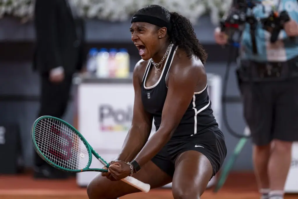 Hailey Baptiste of the United States celebrates the victory against Aryna Sabalenka during the Women's Singles quarter-final match on day nine during the Mutua Madrid Open 2026 tournament celebrated at La Caja Magica on April 28, 2026 in Madrid, Spain.