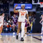 Aneesah Morrow #24 of the Connecticut Sun celebrates a three-pointer during the preseason game at Coca-Cola Coliseum on April 29, 2026 in Toronto, Canada.