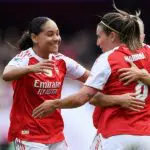 Mariona Caldentey and Olivia Smith of Arsenal celebrate after Christiane Endler of OL Lyonnes (not pictured) scores a own goal and Arsenals first during the UEFA Women's Champions League 2025/26 Semi-Final First Leg match between Arsenal FC and OL Lyonnes at Arsenal Stadium on April 26, 2026 in London, England.