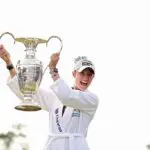 Nelly Korda of the United States poses with the Dinah Shore Trophy after winning The Chevron Championship 2026 at Memorial Park Golf Course on April 26, 2026 in Houston, Texas.