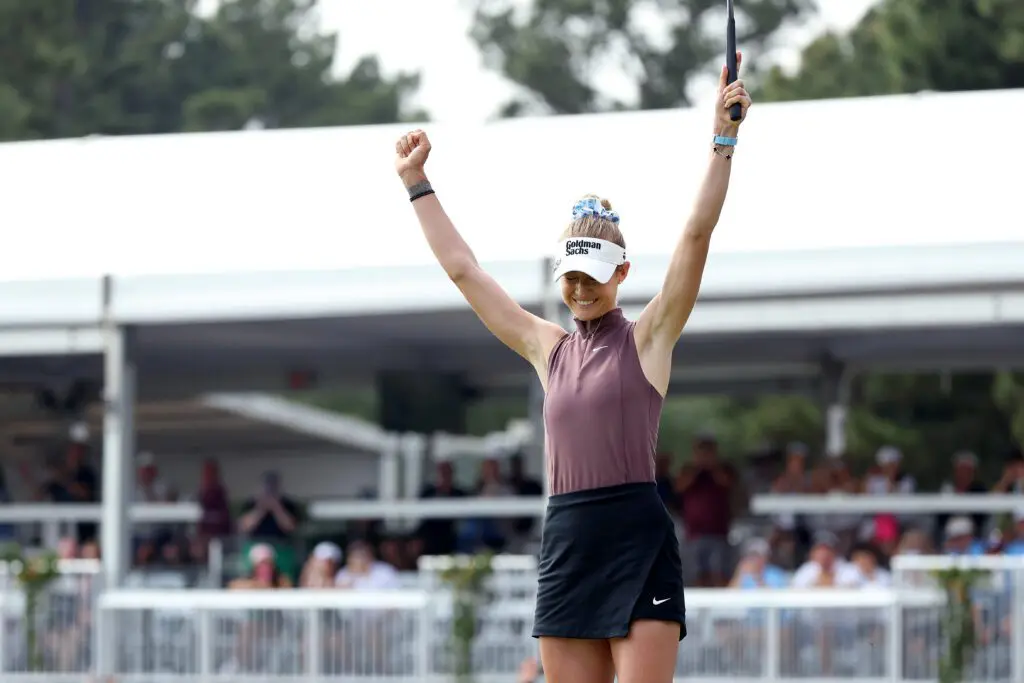 Nelly Korda of the United States celebrates after winning The Chevron Championship 2026 at Memorial Park Golf Course on April 26, 2026 in Houston, Texas.