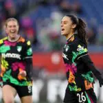 Alba Caño #26 of Boston Legacy FC celebrates after scoring the team's first goal during the NWSL match between Boston Legacy FC and North Carolina Courage at Gillette Stadium on April 29, 2026 in Foxborough, Massachusetts.
