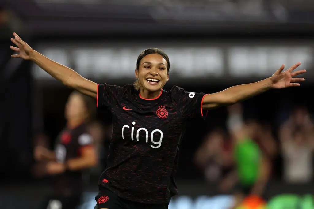 Sophia Wilson #9 of Portland Thorns FC celebrates after scoring the team's second goal during the NWSL match between Portland Thorns FC and San Diego Wave FC at Providence Park on April 29, 2026 in Portland, Oregon.