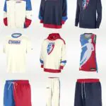 Red, cream, and blue WNBA x Nike 30th anniversary line against a white backdrop.