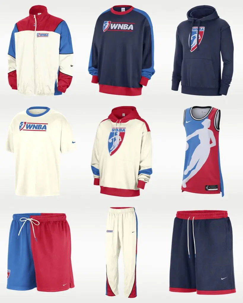 Red, cream, and blue WNBA x Nike 30th anniversary line against a white backdrop.