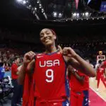 Team USA player A'Ja Wilson cerebrates winning the gold medal after defeating China in the 2022 FIBA women's basketball World Cup final at Sydney SuperDome.