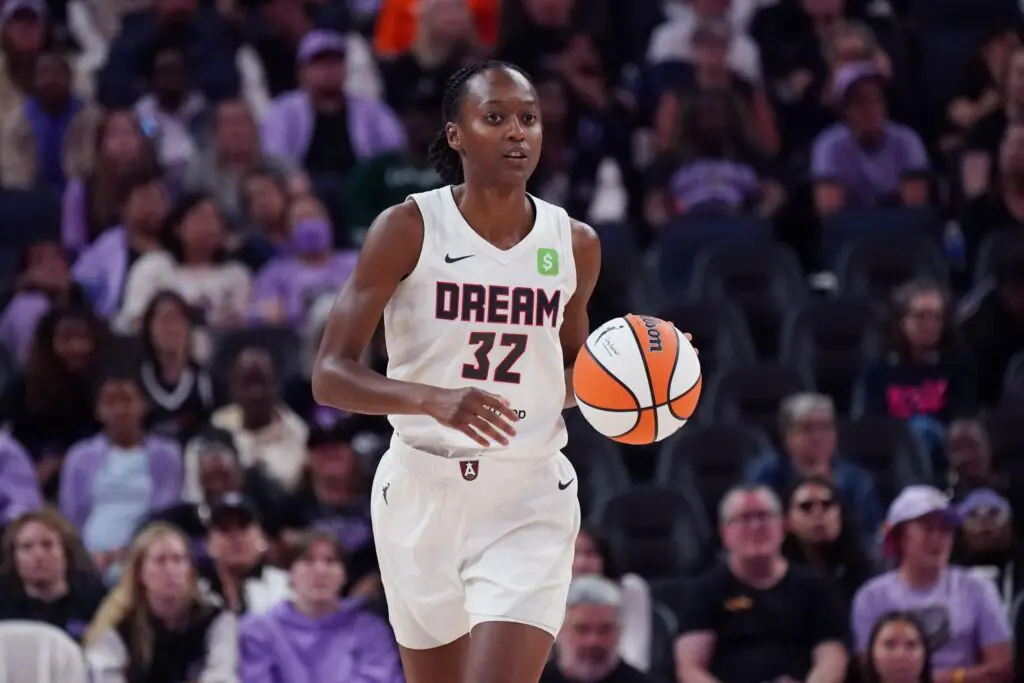WNBA offseason moves 2026 subject and former Atlanta Dream guard Shatori Walker-Kimbrough (32) dribbles upcourt against the Golden State Valkyries in the fourth quarter at Chase Center.