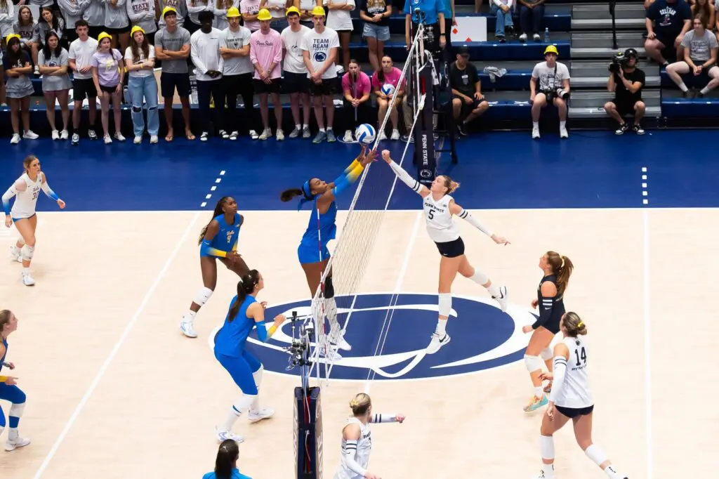 Penn State's Jordan Hopp (5) hits the ball during a Big Ten volleyball tournament match against UCLA on Sunday, Sept. 28, 2025, in State College.