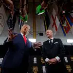 FIFA President Gianni Infantino and United States of America President Donald Trump speak to media as they arrive on the red carpet ahead of the FIFA World Cup 2026 Final Draw at John F. Kennedy Center for the Performing Arts.