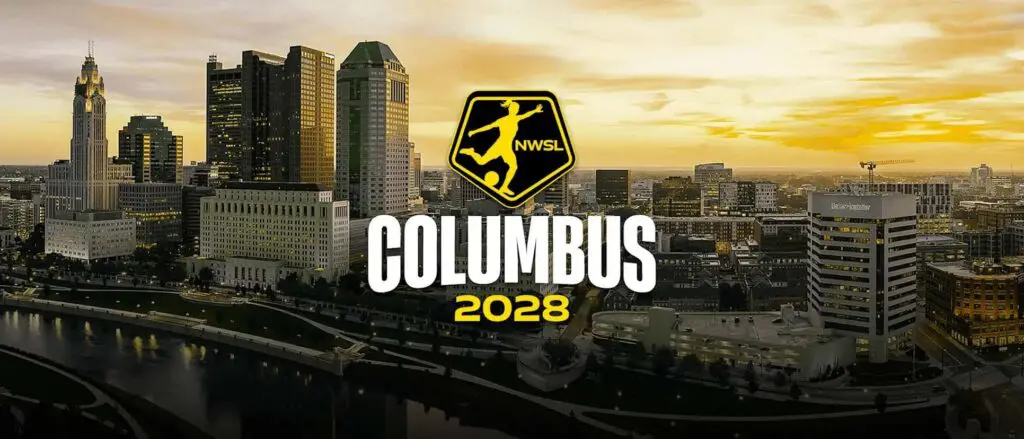 COLUMBUS NWSL GRAPHIC WITH LOGO SET AGAINST SKYLINE BACKDROP.
