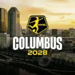 COLUMBUS NWSL GRAPHIC WITH LOGO SET AGAINST SKYLINE BACKDROP.