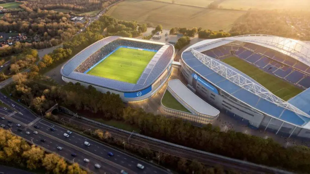 A rendering of Brighton's new anticipated women's football stadium right next to the team's Premier League stadium.