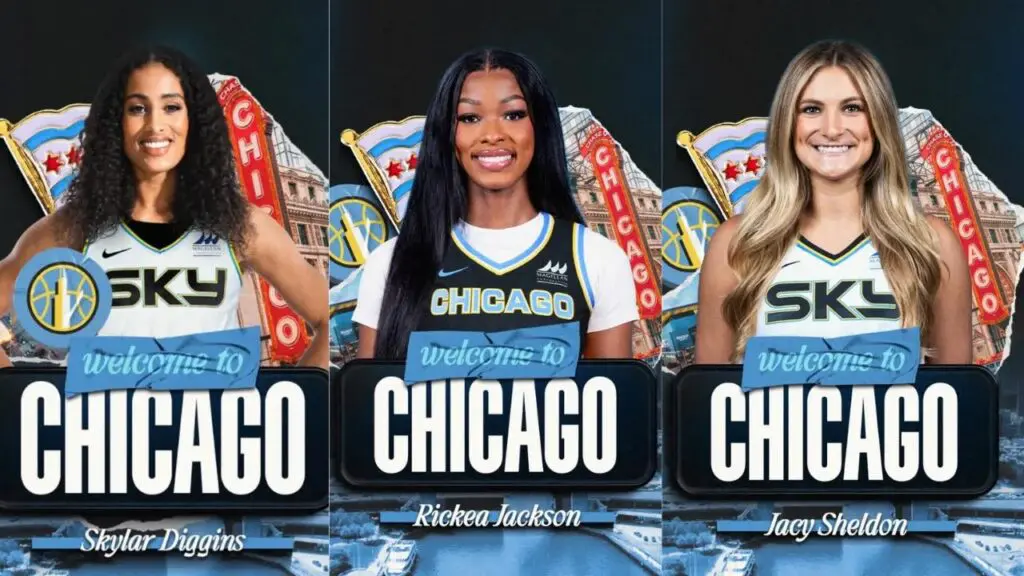 WNBA free agency 2026 players Skylar Diggins, Rickea Jackson, and Jacy Sheldon pose in a Chicago Sky graphic.