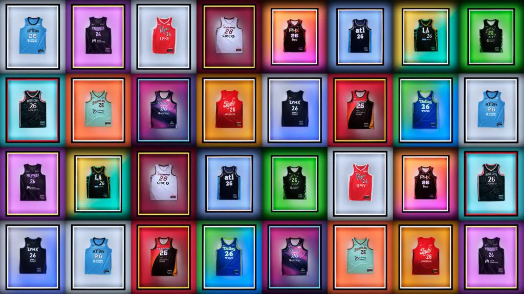 Collage of Nike WNBA Rebel jerseys 2026 set against a colorful backdrop.