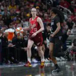 Caitlin Clark #22 of the Indiana Fever handles the ball during the game against the Golden State Valkyries on May 22, 2026 at the Gainbridge Fieldhouse in Indianapolis, Indiana.