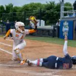 Elsa Morrison (22) makes an out at the plate during a game against Ole Miss at John Cropp Stadium. Wednesday, May 6, 2026.